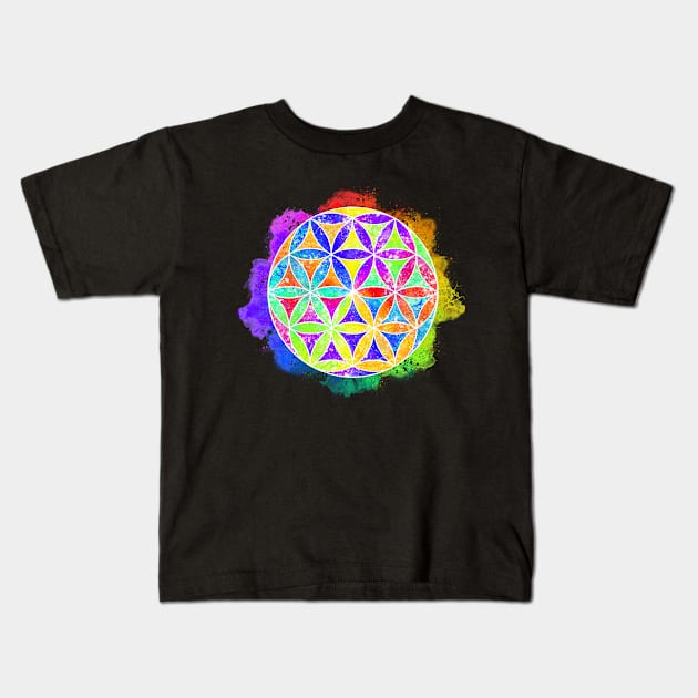 Rainbow Geometric Circle Flower Mandala - White Outline Kids T-Shirt by CrystaLinaCrafts